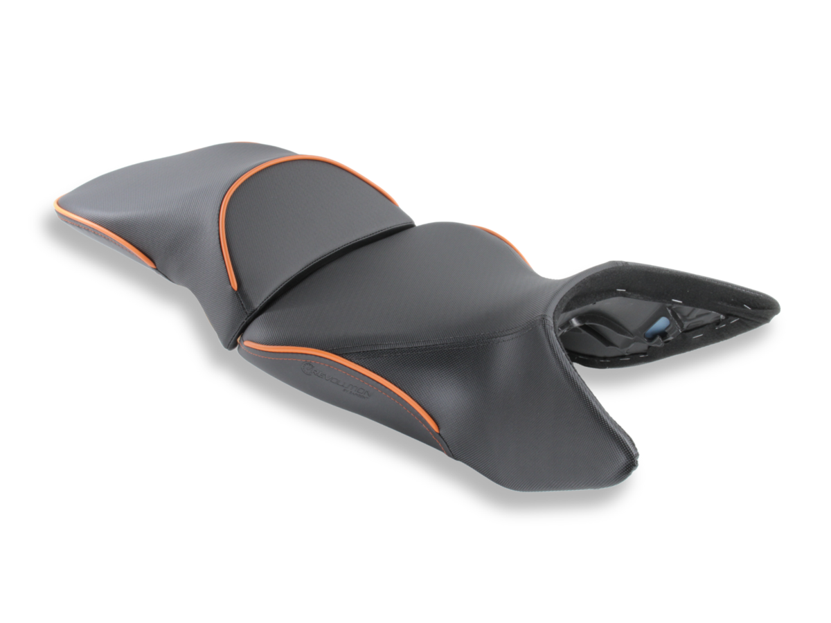 REVolution OEM Front & Rear Motorcycle Seat Upgrade as seen on the KTM 1290 Super Adventure in Performance Plus and KTM Orange. Also available as a DIY kit.
